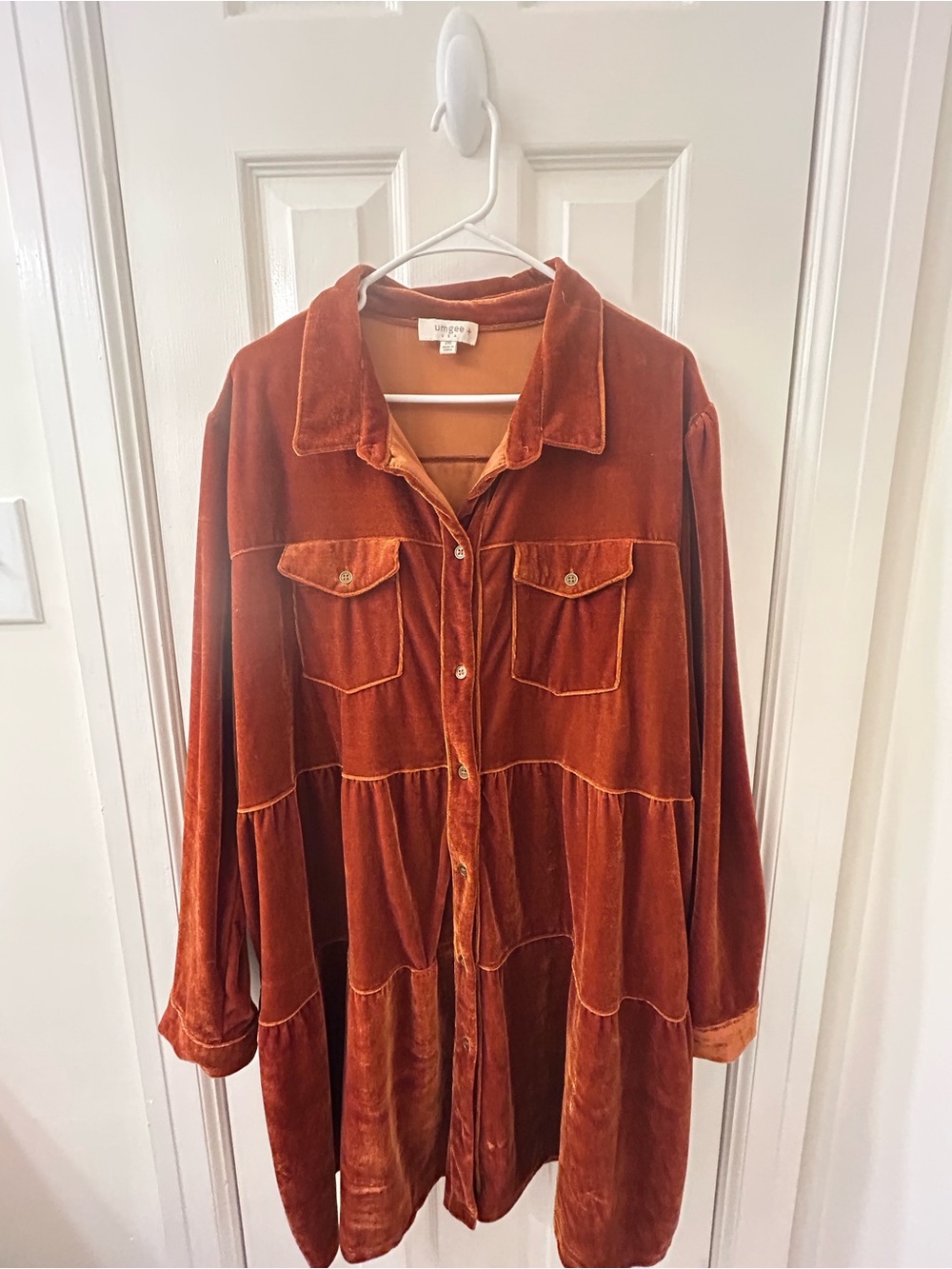 Umgee Rust Velvet Tiered Button-Front Dress